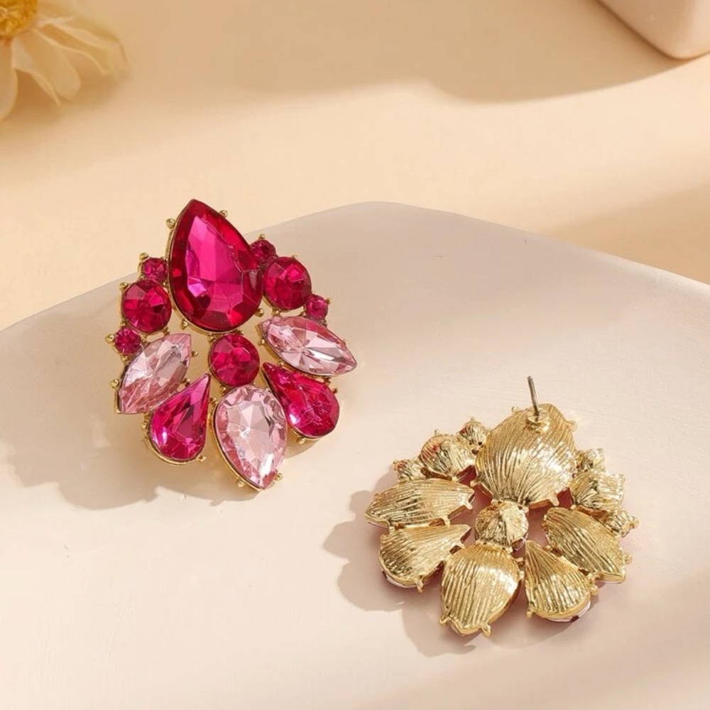 Pink Crystal Cluster Earrings Gold Tone Teardrop Statement - Picture 5 of 13